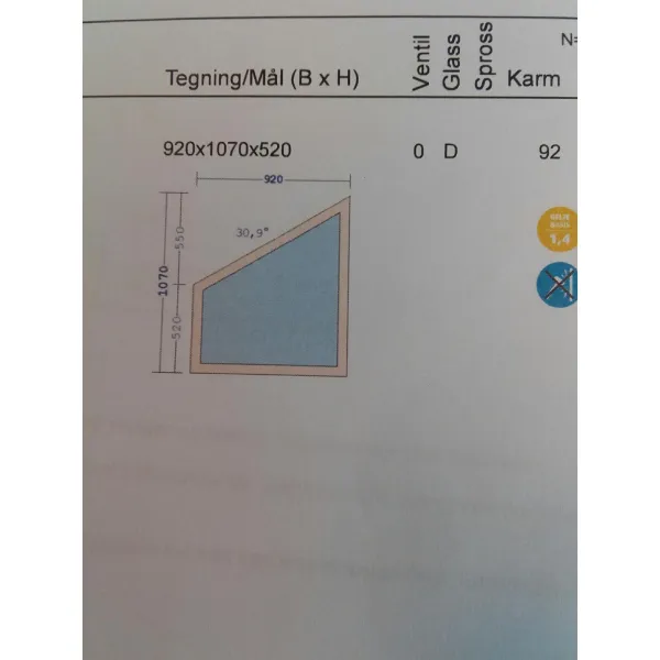 920x1070/520 Skråvindu 30,9 grader NCS 4500-N Gilje bilde