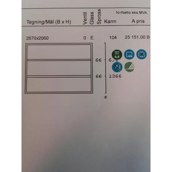 2670x2060 Fastvindu med alu 3-lag glass ral 70320 utvendig innv std hvit Gilje bilde