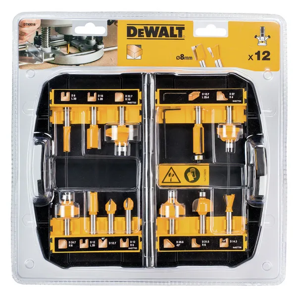 DEWALT fresesett 12stk. 1 og 2-skjærs notfres. 8mm feste