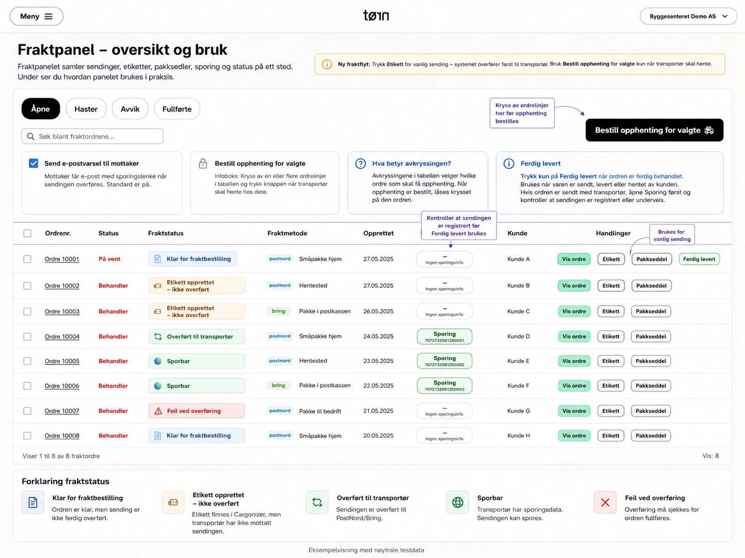 Oversikt over Fraktpanel