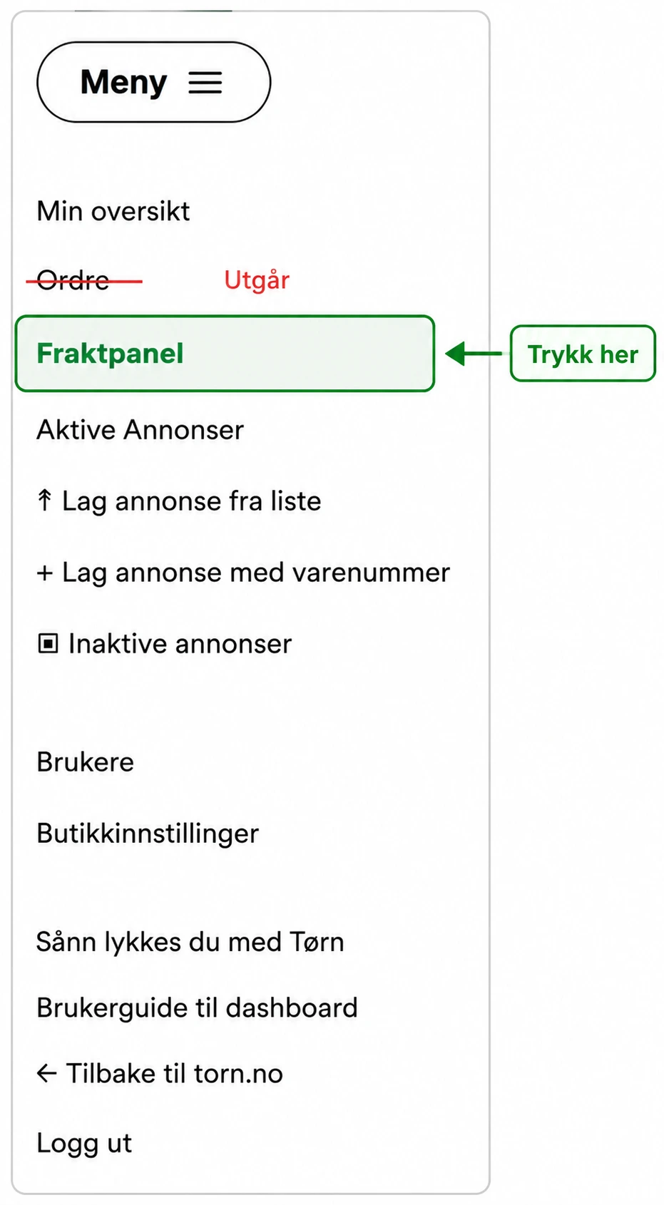Meny som viser Fraktpanel